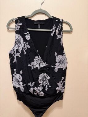 White House Black Market Black & White Floral Wrap Bodysuit